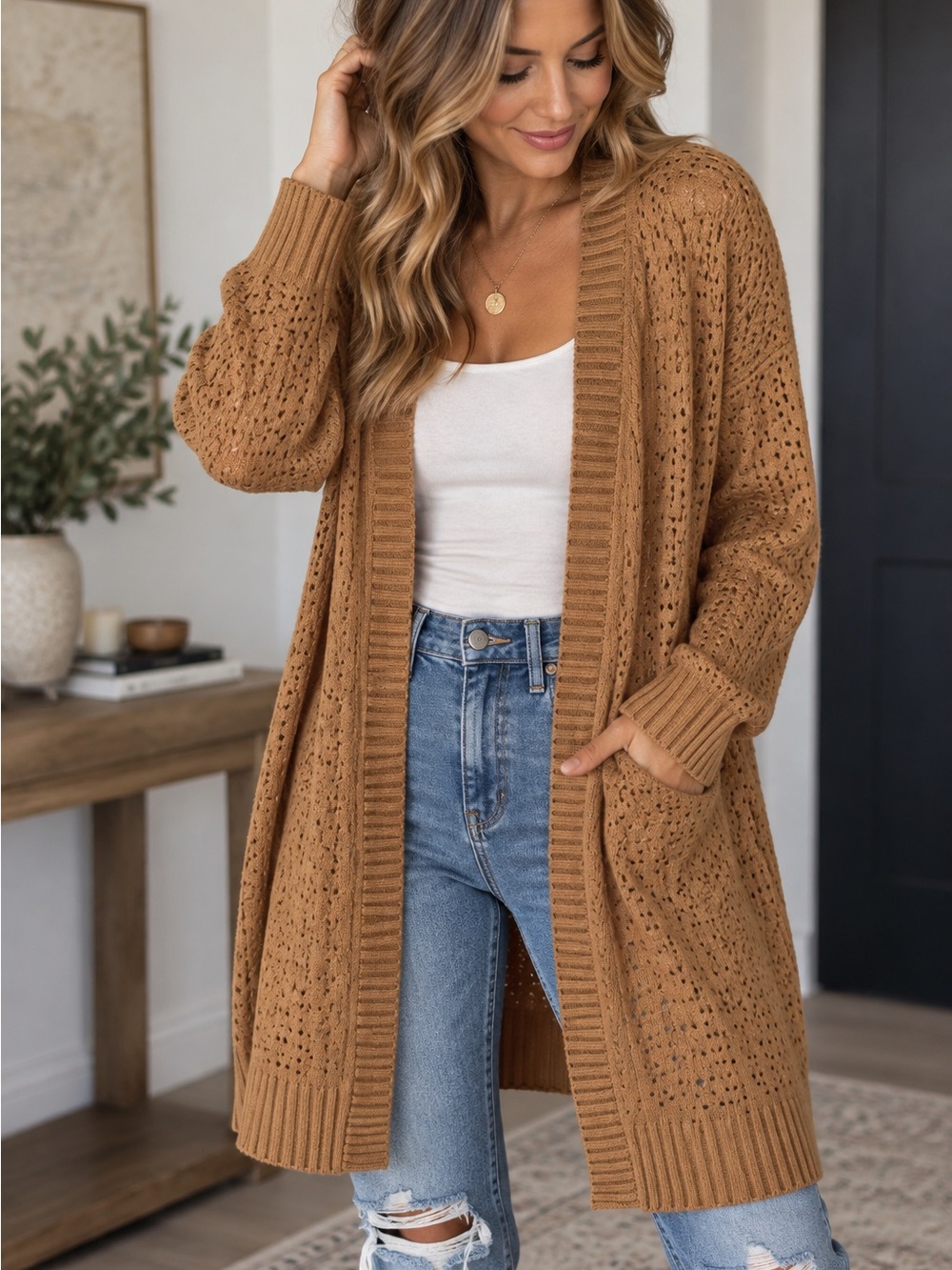 Terra & Sky Camel Open-Front Knit Pointelle Cardigan Cottagecore Cozy Fall. 14W